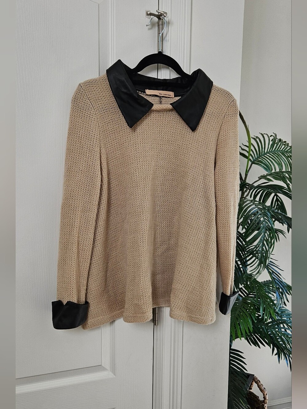 Beige Knit Crewneck Sweater with Black Faux Leather Collar